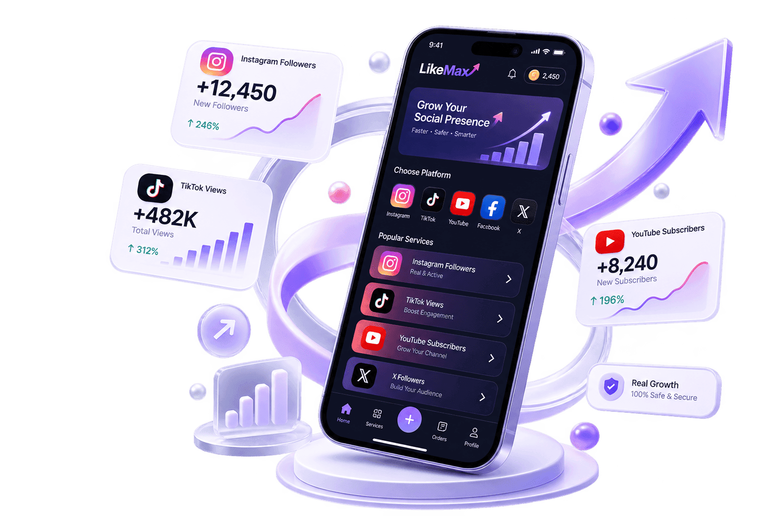 LikeMax mobile app showing real-time Instagram followers, TikTok views, and YouTube subscriber growth stats